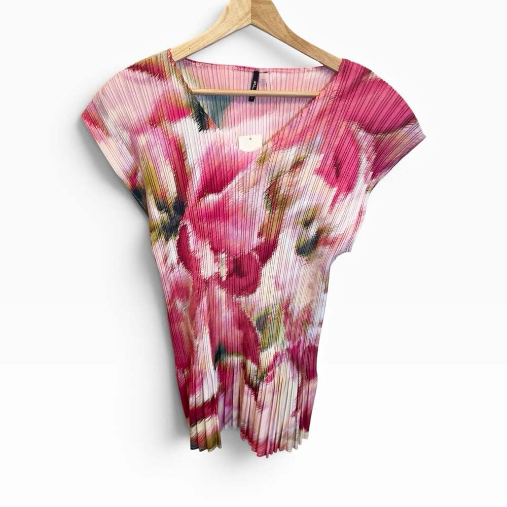 Milano Pleated Floral V-Neck Cap Sleeve Blouse Large Watercolor Pink Stretch